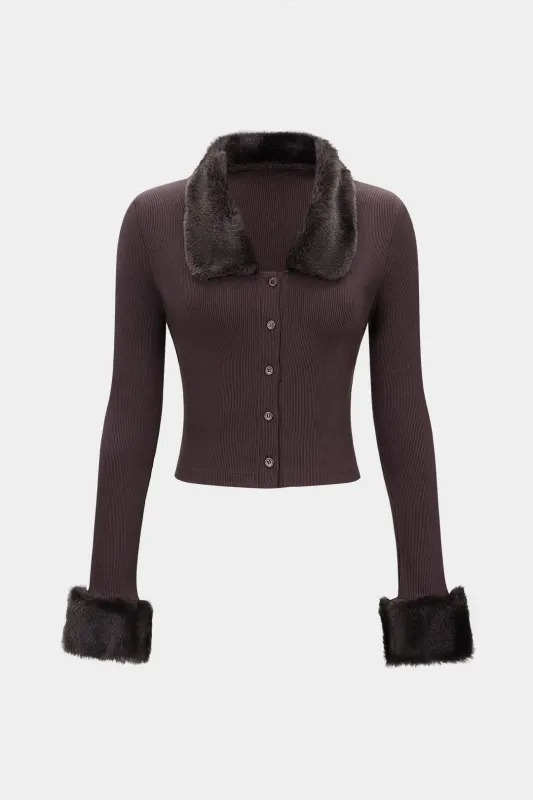 Faux Fur V-Neck Long-Sleeve Top sold by Micas