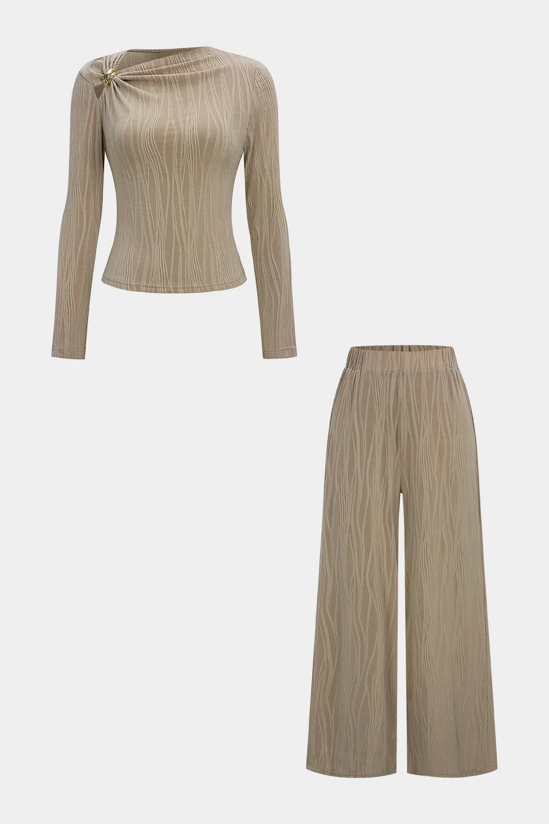 Metallic Ruched Long-Sleeve Top And Pants Set sold by Micas