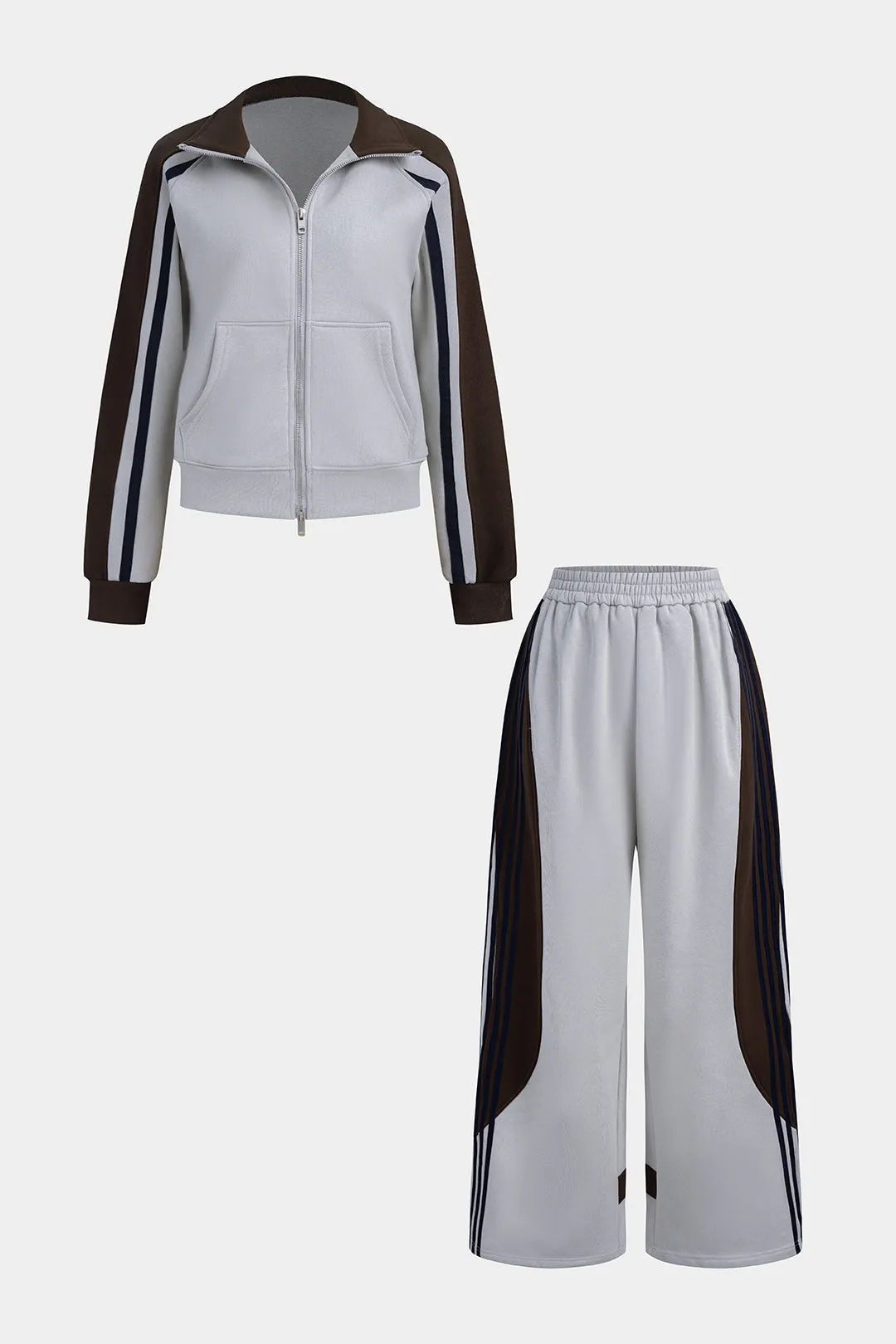 Contrast Pocket Zipper Outerwear And Wide Leg Pants Set sold by Micas