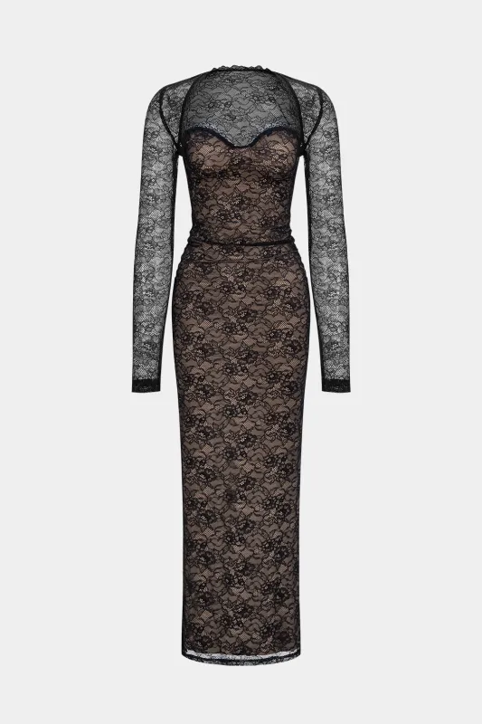 Lace Patchwork Long Sleeve Cardigan And Strapless Dress Set sold by Micas