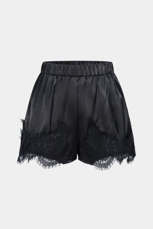 Satin Patchwork Lace Trim Wide Leg Shorts sold by Micas