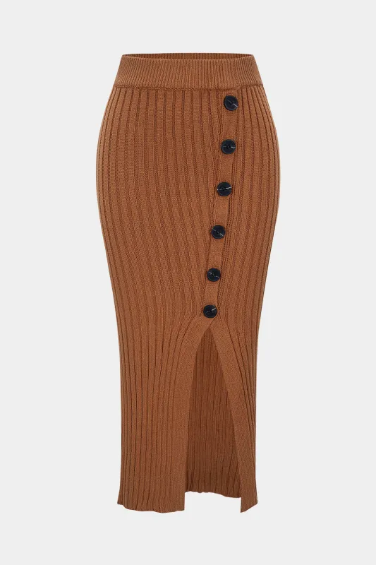 Knit Button Ribbed High Waist Split Skirt sold by Micas