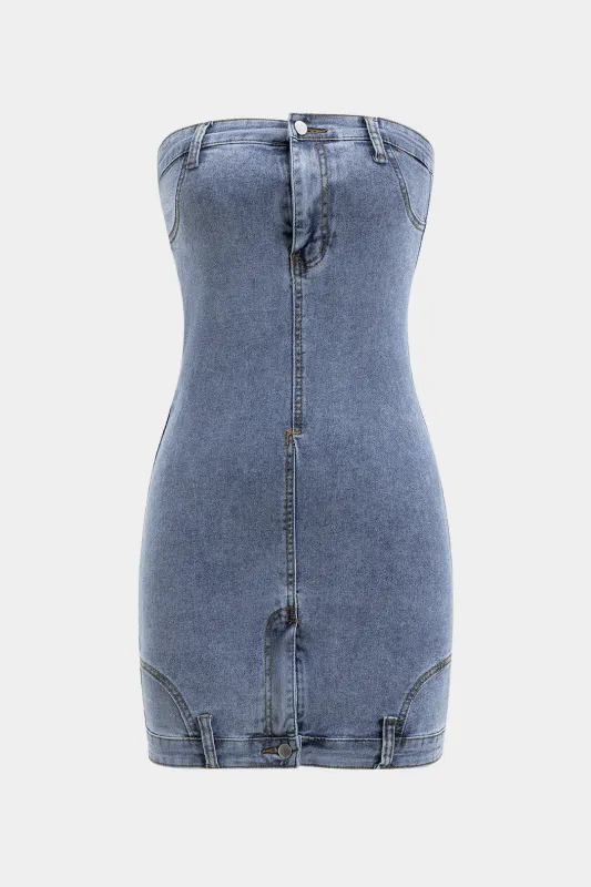 Denim Off Shoulder Double Waistband Button Zipper Sleeveless Dress sold by Micas