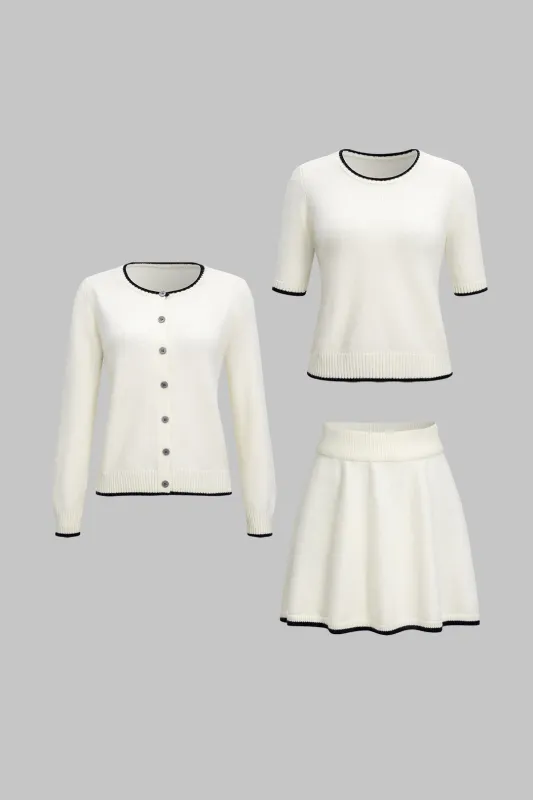Knit 3PC Contrast Binding Round Neck Cardigan And Mini Skirt Set sold by Micas