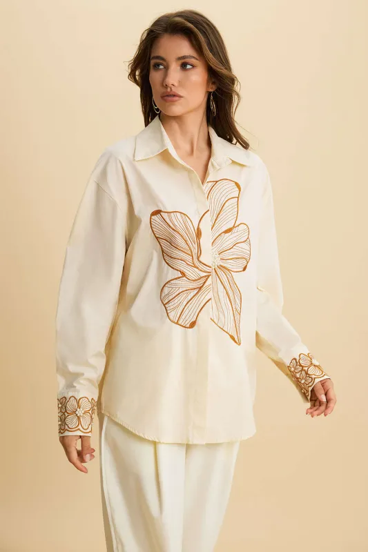 Floral Embroidery Asymmetrical Long-Sleeve Shirt sold by Micas