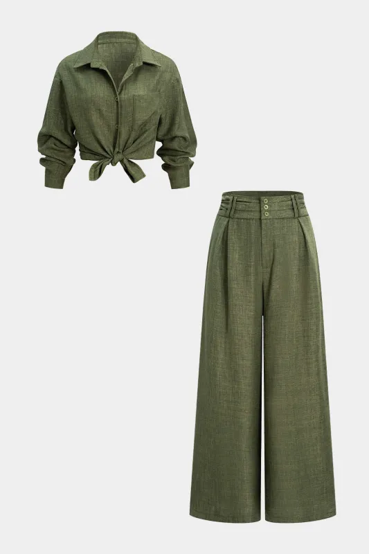 Solid Button Long Sleeve Shirt And Ruched Pants Set made by Micas
