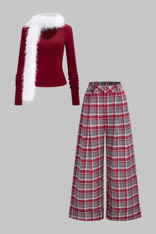 Solid V-Neck Long Sleeve Top And Plaid Print Wide Leg Pants Set With Scarf sold by Micas