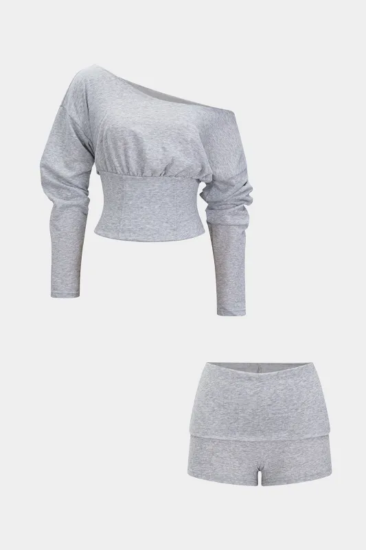 One-Shoulder Tie-Back Long-Sleeve Top And Shorts Set sold by Micas