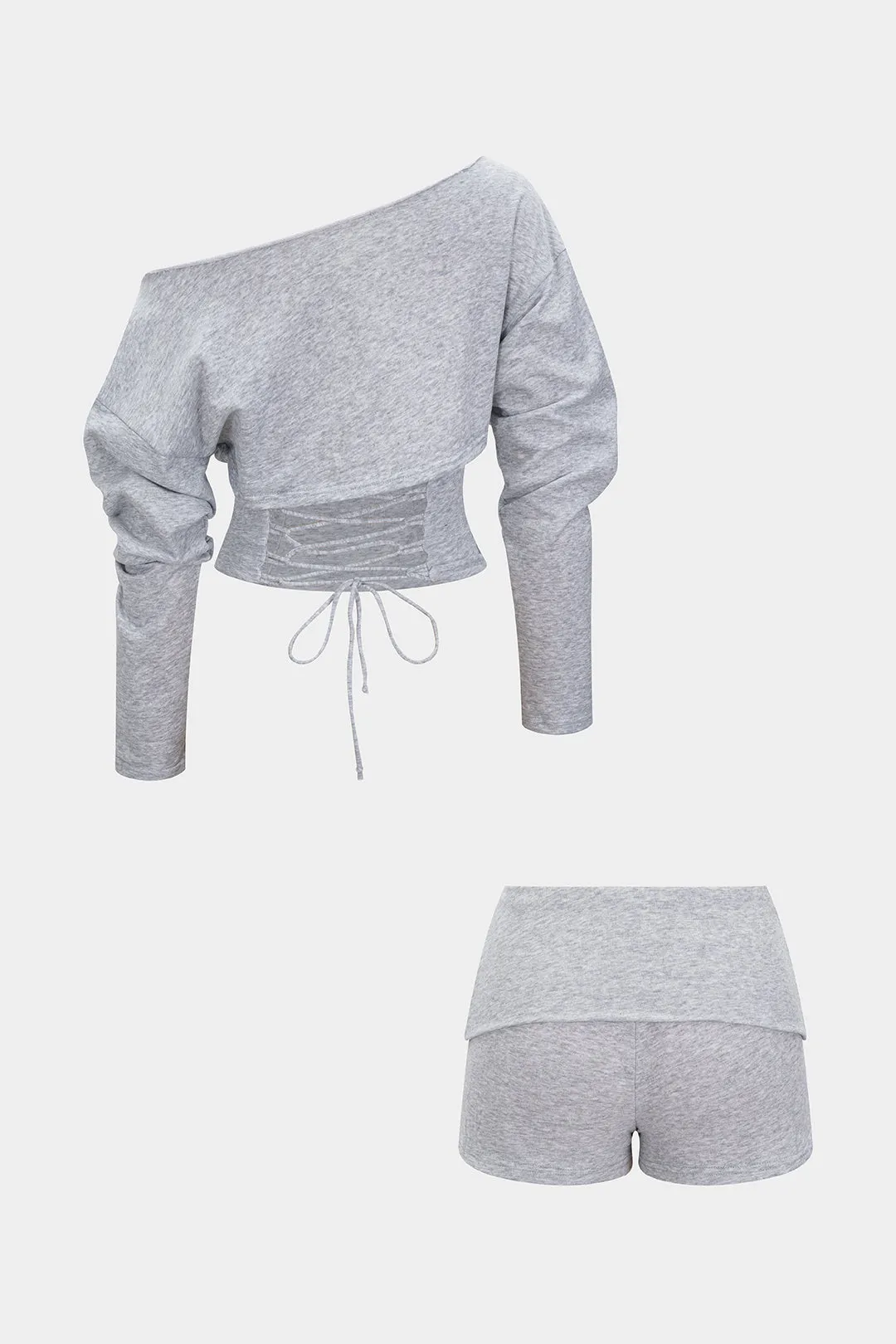 One-Shoulder Tie-Back Long-Sleeve Top And Shorts Set sold by Micas product image thumbnail 2