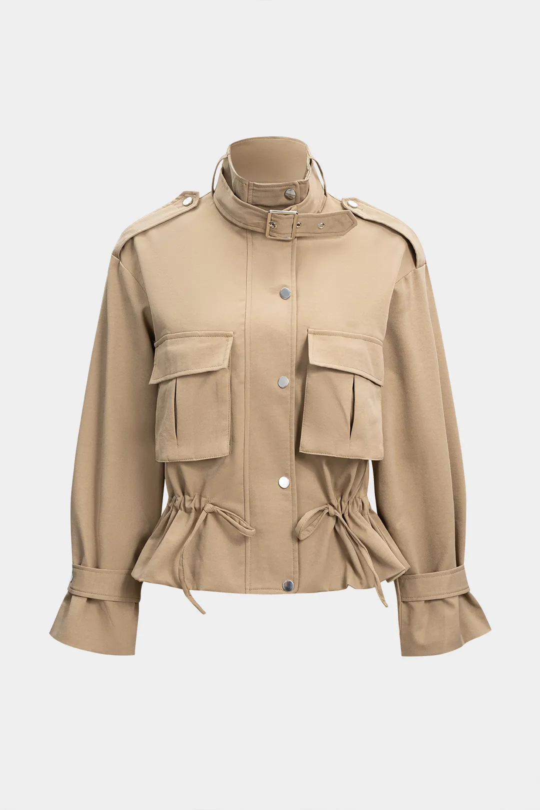 High Collar Pocket Drawstring Long Sleeve Jacket sold by Micas