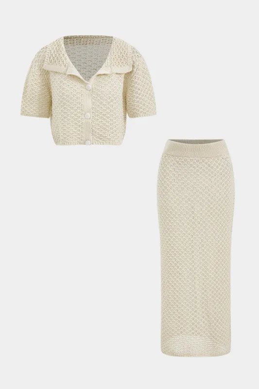 Knit Hollow Out Button Short-Sleeve Cardigan And Skirt Set sold by Micas