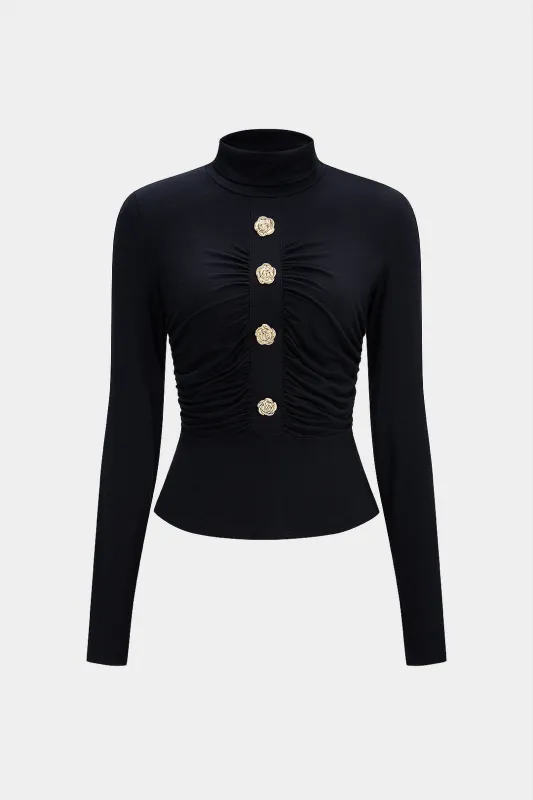 Metallic Button High Collar Ruched Long-Sleeve Top sold by Micas