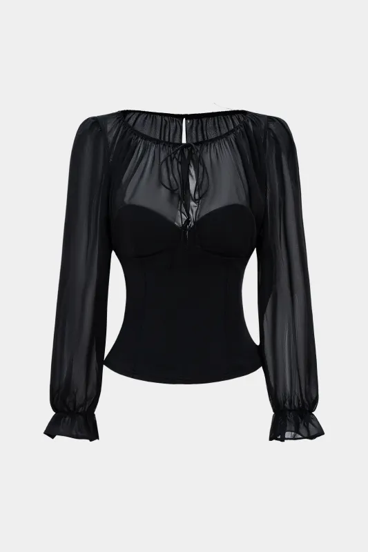 Chiffon Patchwork Tie-Up Puff Long-Sleeve Shirt sold by Micas