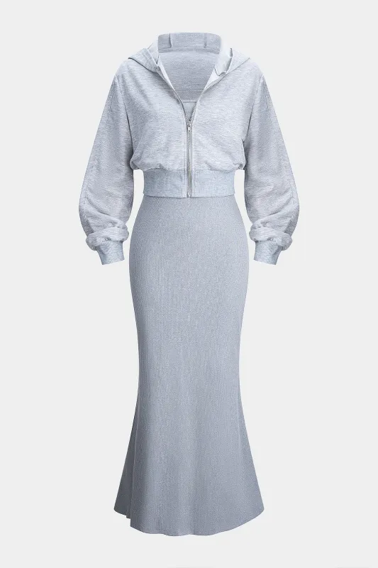 Solid Zipper Hooded Outerwear And Dress Set sold by Micas