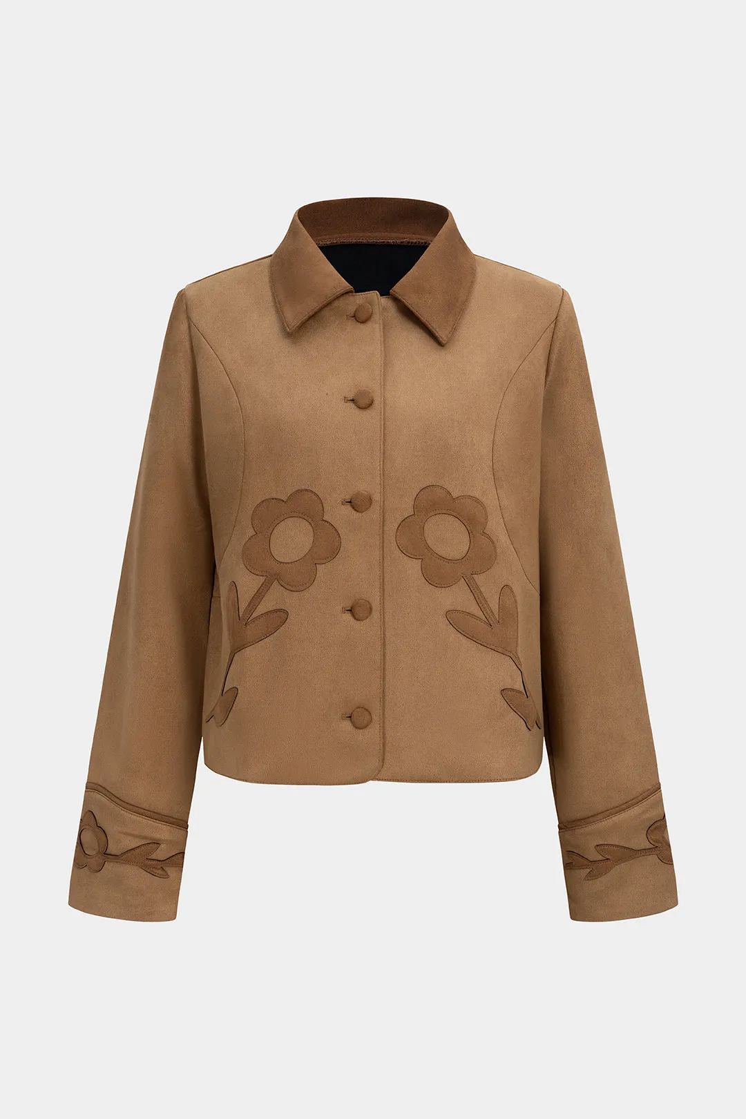 Flower appliques Suede Patchwork Button Jacket sold by Micas