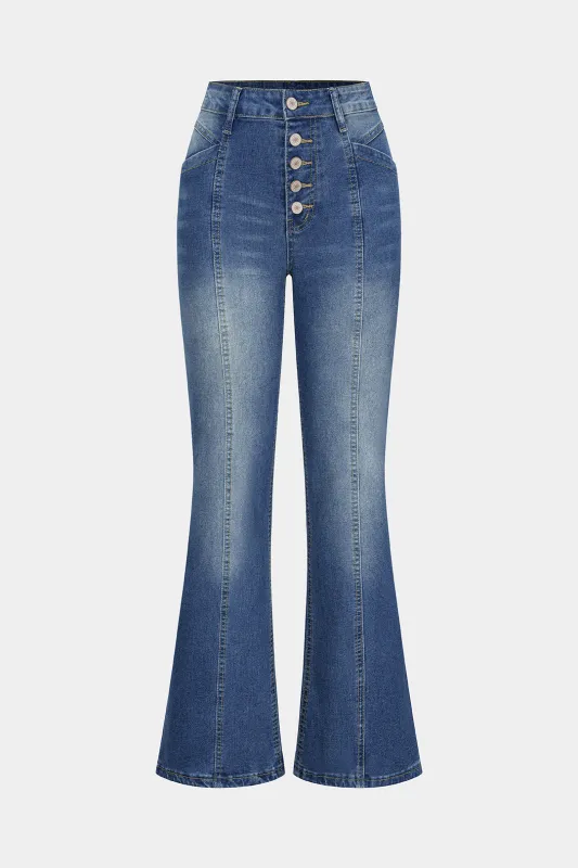 Denim Button Straight Leg Jeans made by Micas