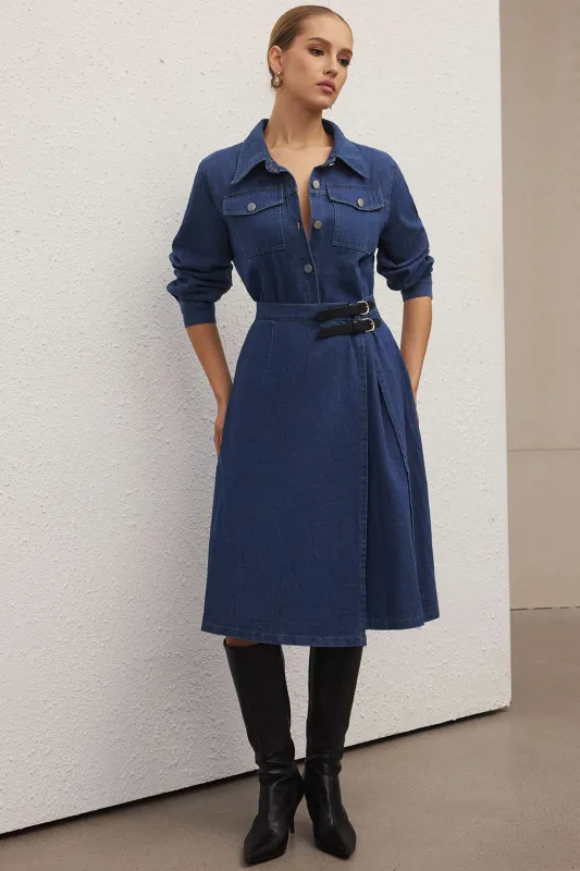 Denim Button Belted Long Sleeve Dress sold by Micas