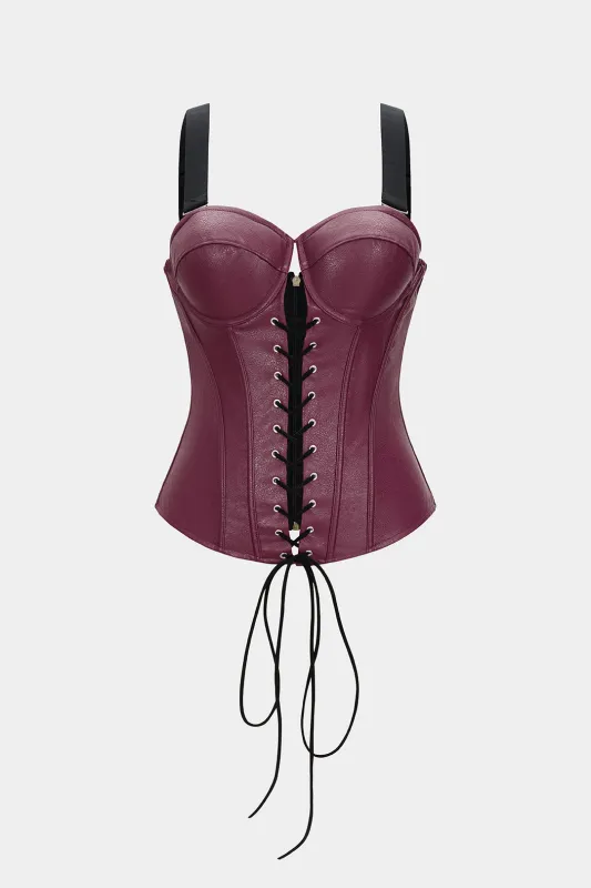 Faux Leather Tie-Up Zipper Cami Top sold by Micas