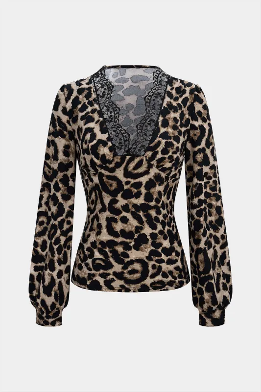 Leopard Contrast Print Lace Trim Patchwork Long-Sleeve Top sold by Micas