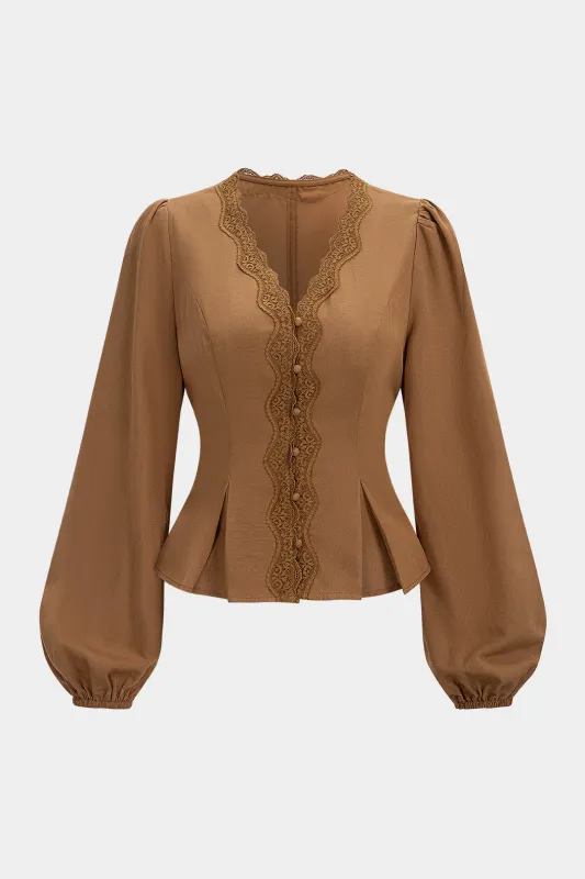 Lace Trim V-Neck Tie-Back Long-Sleeve Shirt sold by Micas