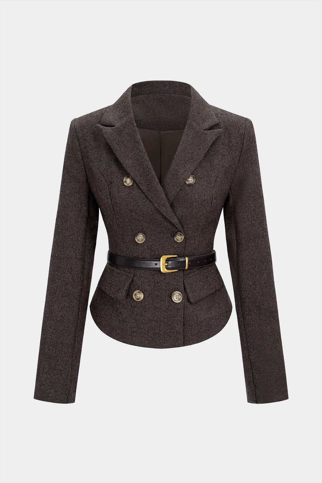 Notched Lapel Double Breasted Belted Jacket sold by Micas