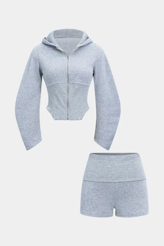 Solid Hooded Zipper Long Sleeve Jacket And Shorts Set sold by Micas