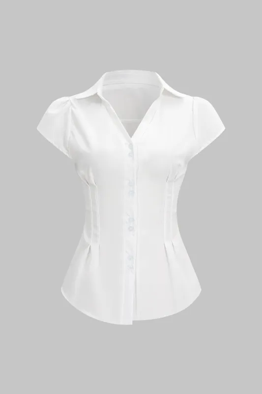 Solid Pleated Flutter Short-Sleeve Shirt sold by Micas