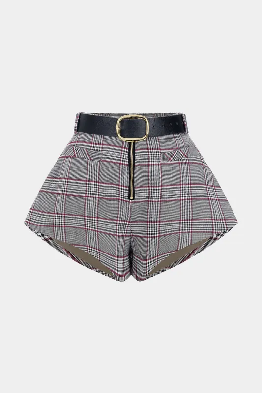 Plaid Print Belted Zipper Shorts made by Micas