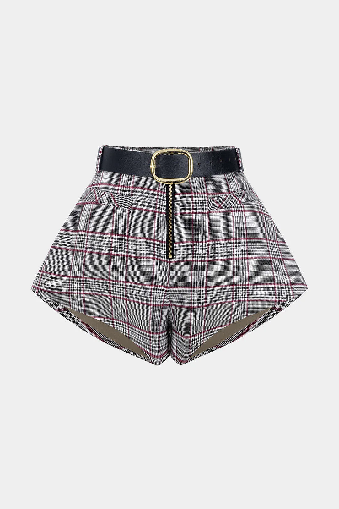 Plaid Print Belted Zipper Shorts sold by Micas