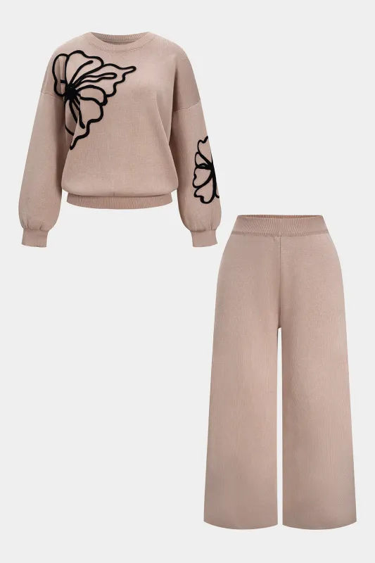 Plus Size Knit Round Neck Embroidery Long-Sleeve Top And Wide Leg Pants Set sold by Micas
