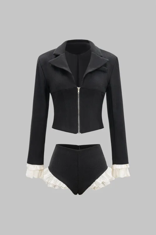 Woolen Patchwork Zipper Collar Top And Scallop Edge Shorts Set sold by Micas