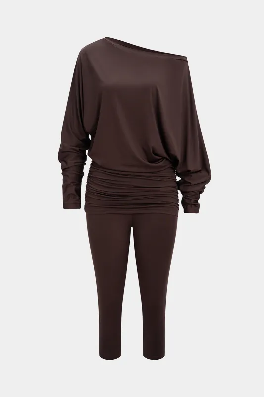 One Shoulder Ruched Asymmetrical Long Sleeve Top And Cropped Pants Set sold by Micas