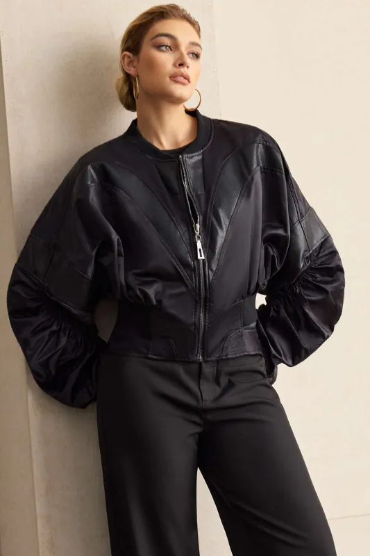 Faux Leather Patchwork Satin Zipper Jacket sold by Micas