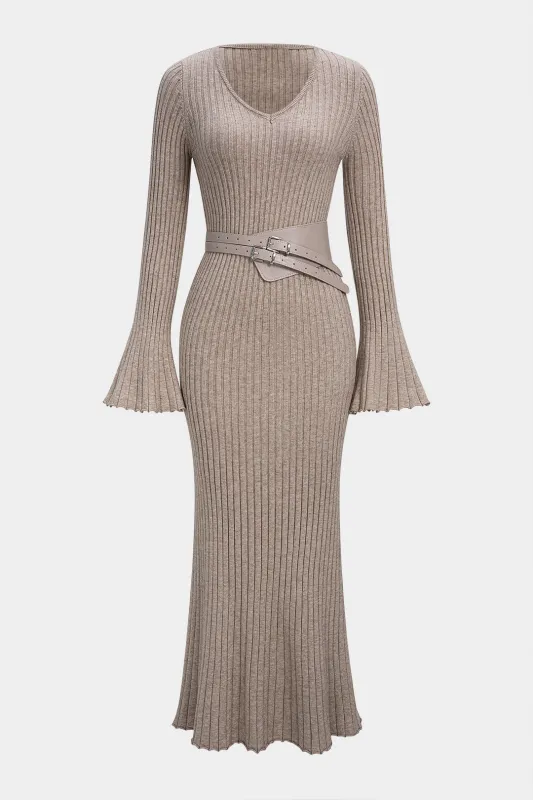 Knit V-Neck Belted Bell Long Sleeve Dress sold by Micas