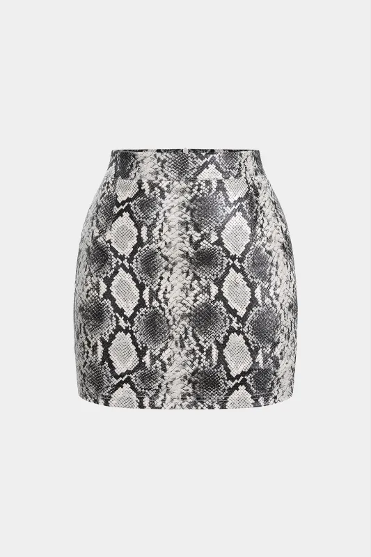 Snake Skin Print Faux Leather High Waist Skirt sold by Micas