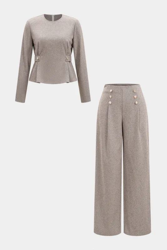 Woolen Button Long Sleeve Top And Wide Leg Pants Set sold by Micas
