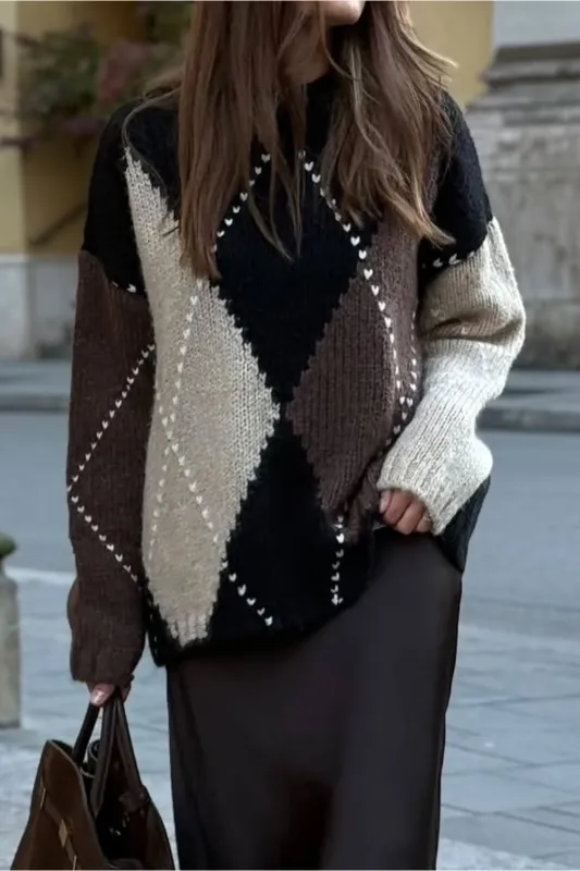 Knit Contrast Diamond Pattern Long-Sleeve Top sold by Micas