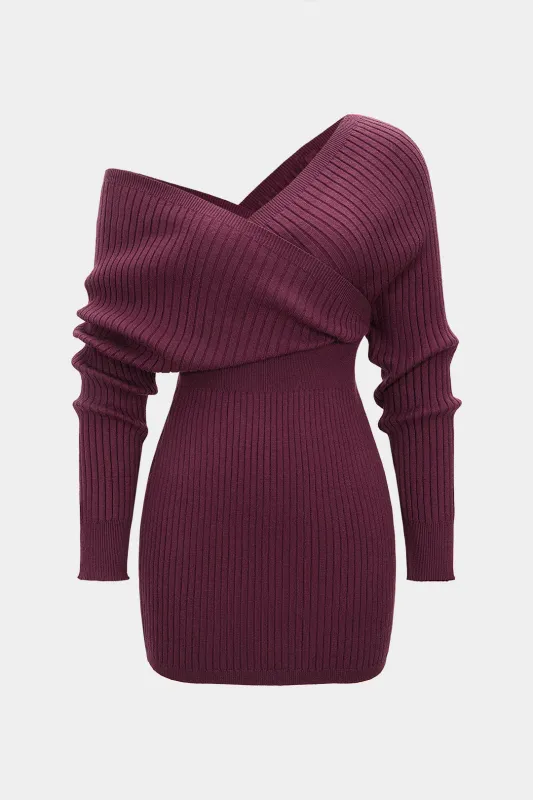 Knit Crossed One Shoulder Ribbed Long Sleeve Dress sold by Micas