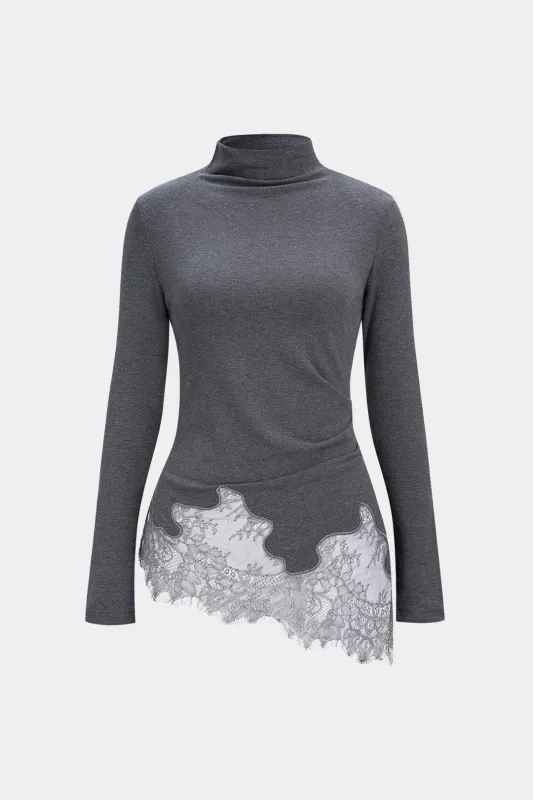 Mock Neck Lace Trim Long-Sleeve Top sold by Micas
