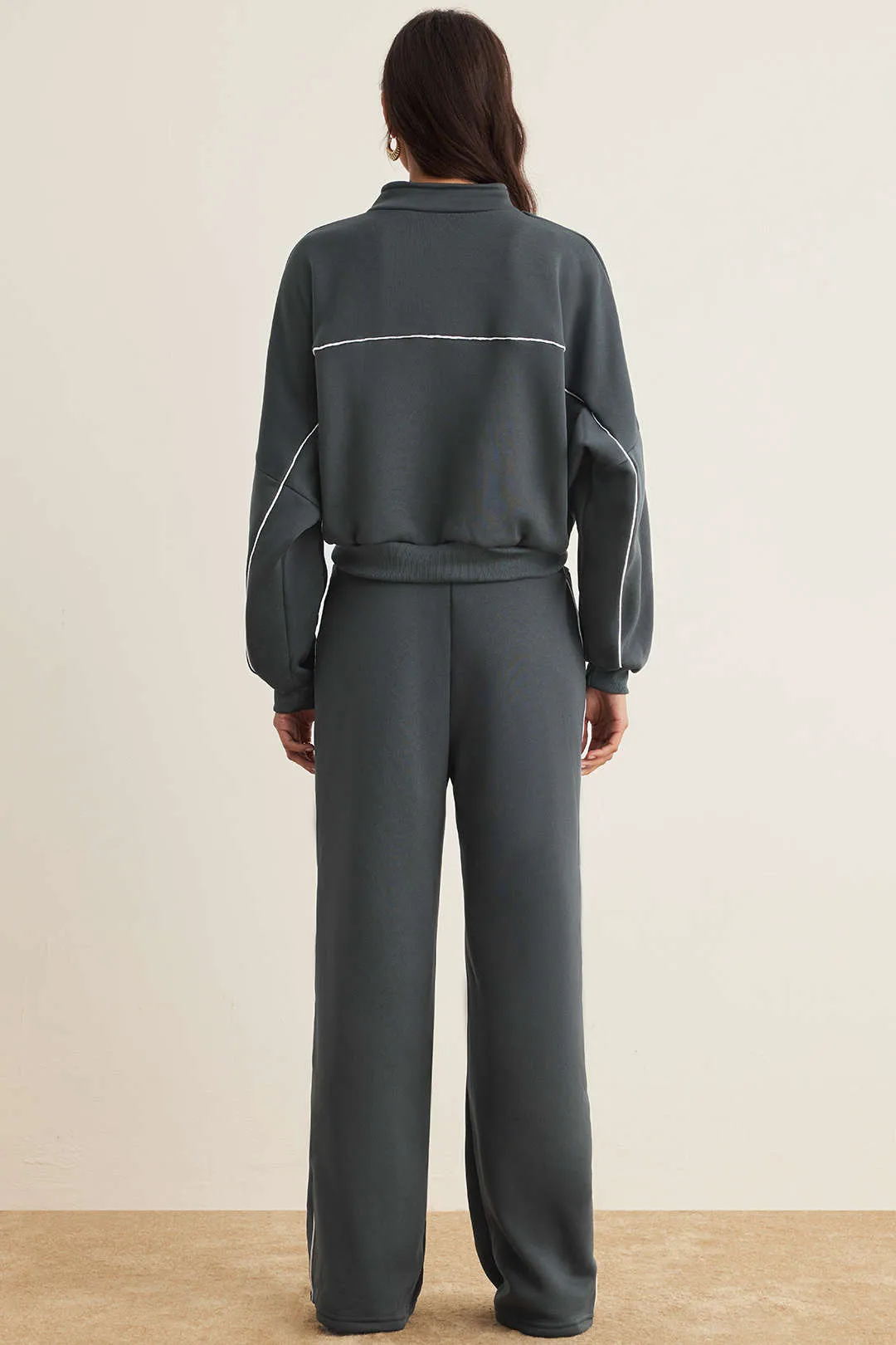 Drawstring Zipper Outerwear And Shirred Waistband Wide Leg Pants Set sold by Micas product image thumbnail 4