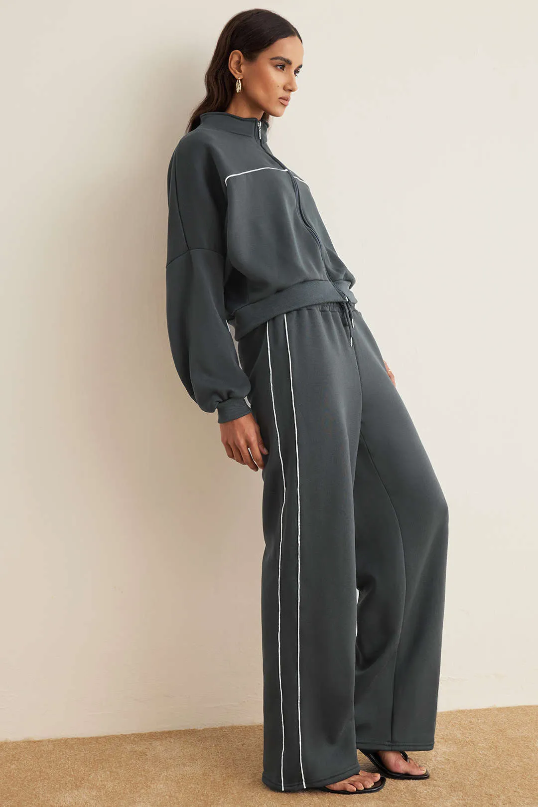Drawstring Zipper Outerwear And Shirred Waistband Wide Leg Pants Set sold by Micas