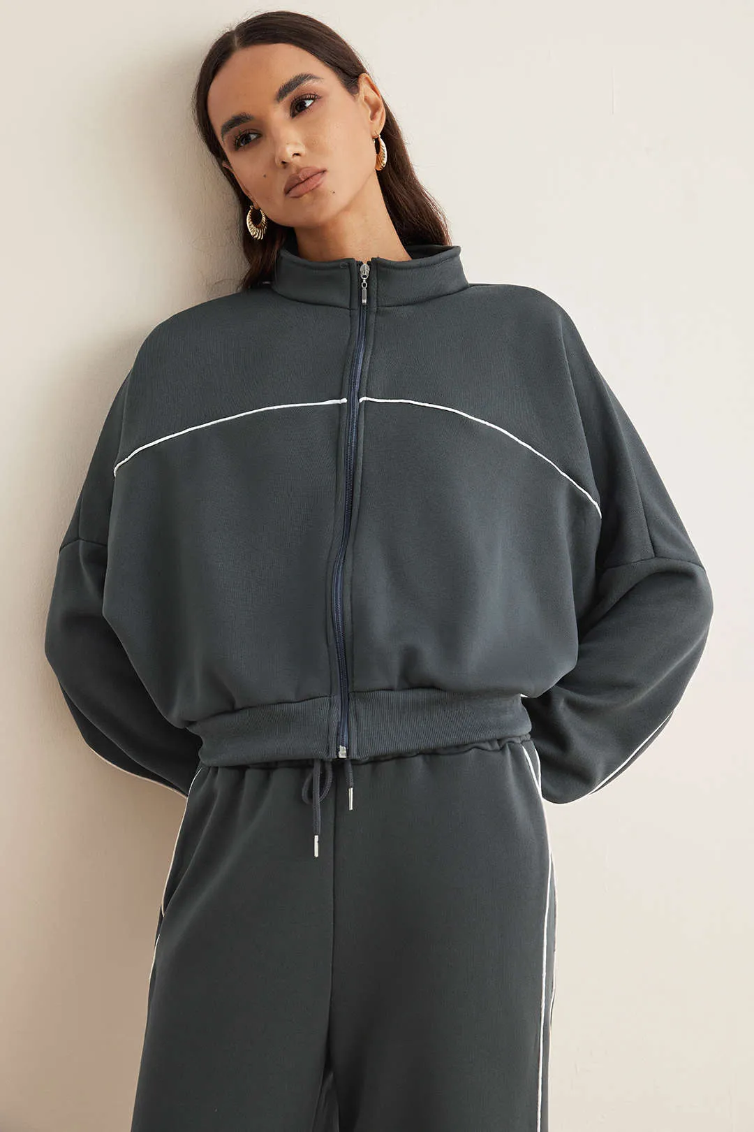 Drawstring Zipper Outerwear And Shirred Waistband Wide Leg Pants Set sold by Micas product image thumbnail 5