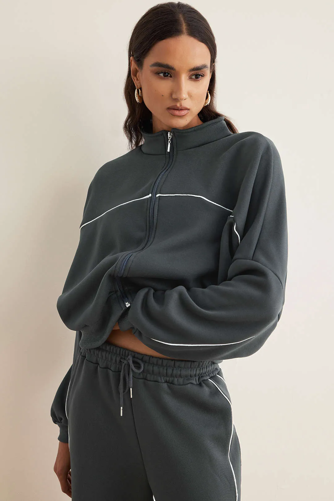 Drawstring Zipper Outerwear And Shirred Waistband Wide Leg Pants Set sold by Micas product image thumbnail 2