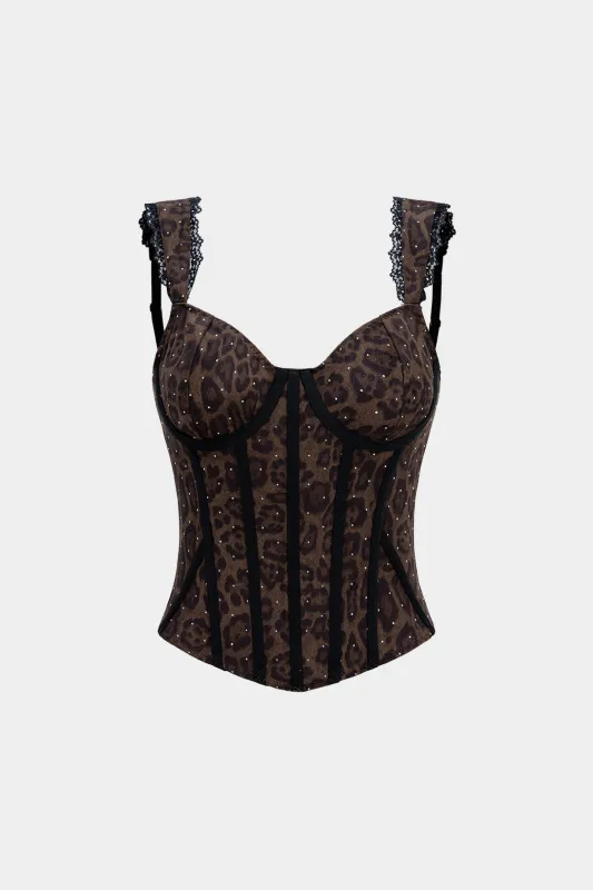Leopard Print Suede Lace-Up Rhinestone Decor Corset Cami Top sold by Micas
