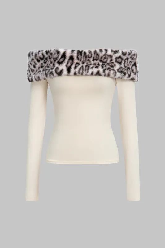 Leopard Print Patchwork Off Shoulder Long-Sleeve Top sold by Micas