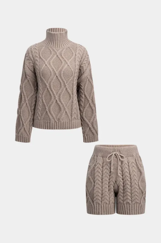 Cable Knit High Collar Long-Sleeve Top And Drawstring Shorts Set sold by Micas
