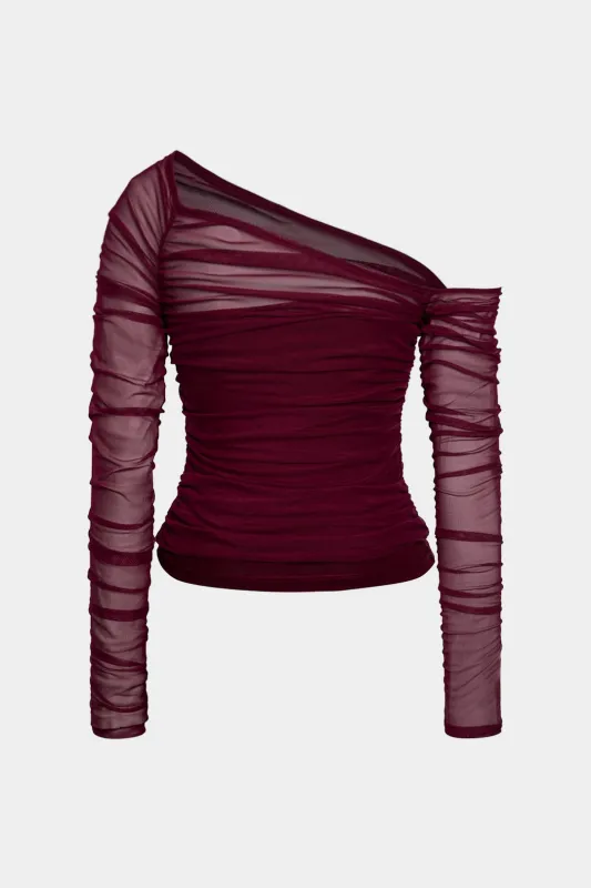 Mesh One-Shoulder Ruched Long-Sleeve Top sold by Micas