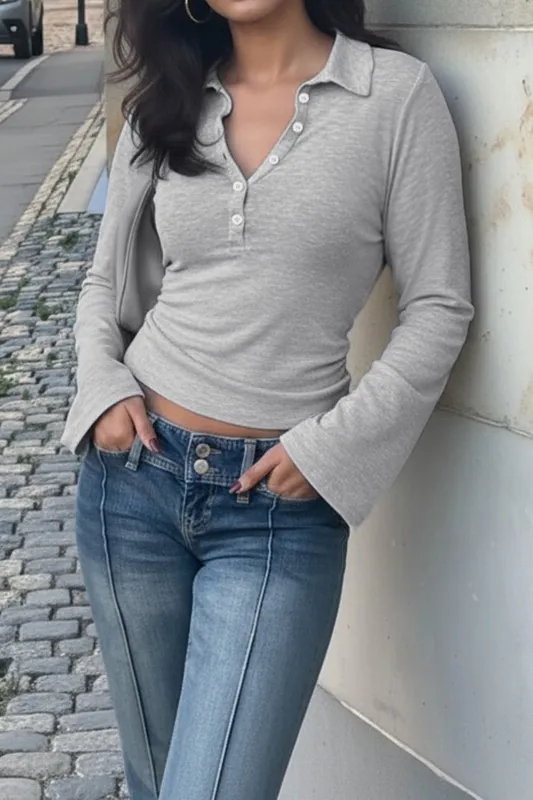 Solid Button Long-Sleeve Top sold by Micas