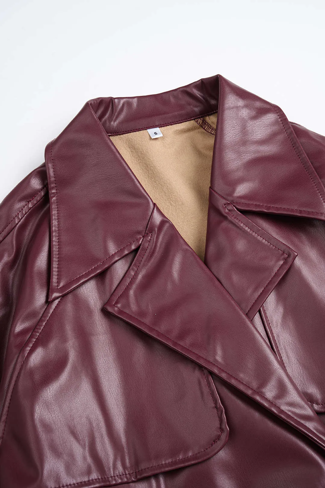 Solid Faux Leather Belted Long Sleeve Coat sold by Micas product image thumbnail 3