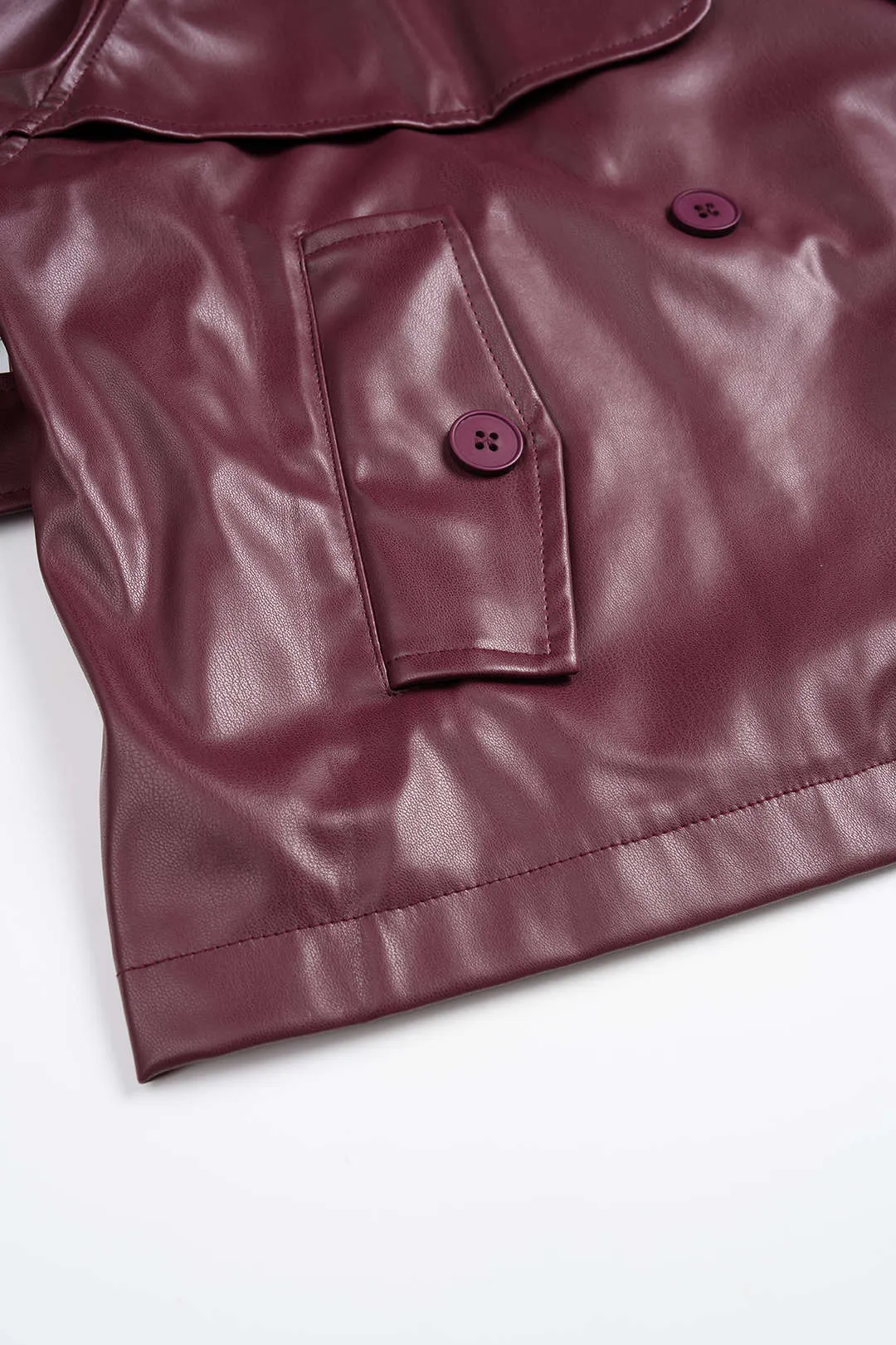 Solid Faux Leather Belted Long Sleeve Coat sold by Micas product image thumbnail 4